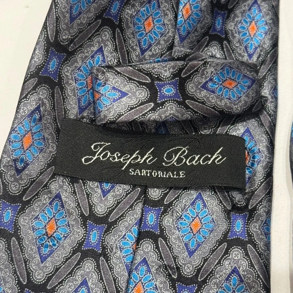 Joseph Bach Necktie Mens Blue Grey Orange Silk Diamond Geometric Medallion